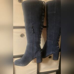 Very Volatile Dark Blue Lace-Up Knee-High Boots